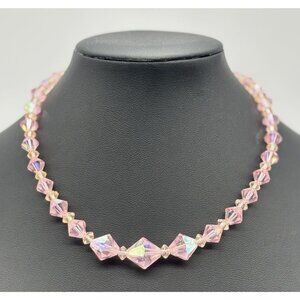 Vintage Crystal or Glass Pink Aurora Borealis Bi-Cone Single Strand Choker 1950s